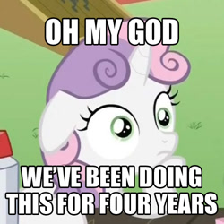 Size: 500x500 | Tagged: safe, sweetie belle, pony, unicorn, anniversary, exploitable meme, female, filly, horn, image macro, meme, solo, sudden clarity sweetie belle, text, two toned mane, white coat, wide eyes