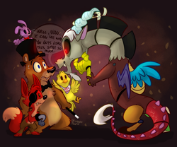 Size: 1600x1333 | Tagged: safe, artist:thedoggygal, discord, fox, bonnie, chica, five nights at freddy's, foxy, freddy fazbear, role reversal, sweat