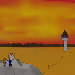 Size: 1500x1500 | Tagged: safe, artist:samey90, oc, oc only, oc:littlepip, pony, unicorn, fallout equestria, desert, fanfic, fanfic art, female, mare, mountain, pipbuck, scar, solo, tower, vault suit, wasteland