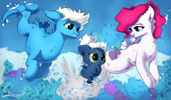 Size: 4262x2494 | Tagged: safe, artist:sverre93, oc, oc only, merpony, bubble, cute, female, filly, floppy ears, grin, open mouth, scales, smiling, swimming, underwater