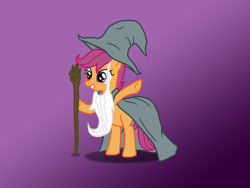 Size: 1024x768 | Tagged: safe, artist:xx-mr-no-name-xx, scootaloo, pony, bipedal, clothes, costume, crossover, gandalf, lord of the rings, solo, staff