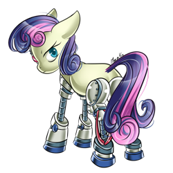 Size: 1024x1024 | Tagged: safe, artist:moenkin, bon bon, sweetie drops, cyborg, amputee, bon bon is not amused, i never asked for this, looking back, prosthetic eye, prosthetic limb, prosthetics, quadruple amputee, simple background, solo, transparent background