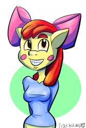 Size: 900x1343 | Tagged: safe, artist:tigerfestivals, apple bloom, anthro, blushing, bust, clothes, face, grin, older, portrait, shirt, smiling, solo, uncanny valley