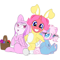 Size: 1024x1024 | Tagged: safe, artist:creshosk, artist:mystic-l1ght, artist:starlightlore, oc, oc only, oc:almond bloom, oc:cherry bloom, oc:violet light, animal costume, basket, bunny costume, clothes, costume, easter, egg, kigurumi, simple background, transparent background