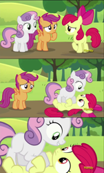 Size: 960x1594 | Tagged: safe, screencap, apple bloom, scootaloo, sweetie belle, brotherhooves social, cutie mark crusaders, grin, on top, pounce