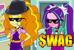 Size: 1260x864 | Tagged: safe, artist:dannydsi3d, edit, adagio dazzle, aria blaze, equestria girls, rainbow rocks, 420, adagio dazzled, adaria, aria blazed, blunt, drugs, fedora, female, glasses, hat, lesbian, marijuana, mlg, remastered, shipping, sunglasses, swag