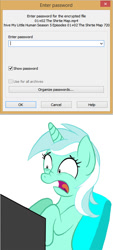 Size: 540x1200 | Tagged: safe, lyra heartstrings, pony, unicorn, the cutie map, computer, humie, my little human, password, shocked, solo, winrar