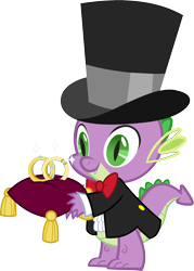 Size: 2044x2852 | Tagged: safe, spike, dragon, a canterlot wedding, bowtie, castle creator, clothes, hat, male, official, ring, simple background, slit eyes, solo, suit, top hat, transparent background, tuxedo, vector, wedding ring