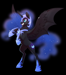 Size: 2515x2861 | Tagged: safe, artist:trippinmars, nightmare moon, alicorn, pony, black background, fangs, female, grin, mare, rearing, simple background, solo, spread wings, wing claws