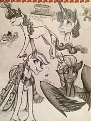 Size: 1024x1365 | Tagged: safe, artist:alexacana, double diamond, night glider, party favor, sugar belle, equal four, monochrome, traditional art