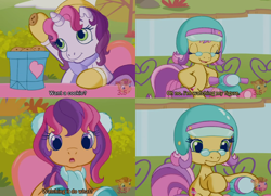 Size: 1986x1440 | Tagged: safe, screencap, mayor flitter flutter, scootaloo, sweetie belle, g3.5, twinkle wish adventure, clothes, lol, pun, scooter, subtitles