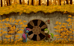 Size: 1557x985 | Tagged: safe, artist:eriada, oc, oc only, earth pony, pony, autumn, autumn leaves, clothes, duo, fan, female, forest, mare, saddle bag