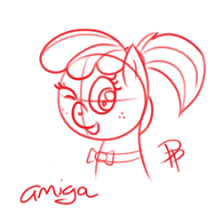 Size: 500x500 | Tagged: safe, artist:glimglam, oc, oc only, oc:amiga, amiga, bowtie, freckles, lineart, looking at you, monochrome, one eye closed, open mouth, ponified, ponytail, sketch, solo, wink