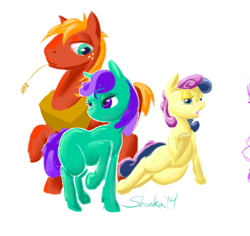 Size: 301x284 | Tagged: safe, artist:shunka warakin, big macintosh, bon bon, sweetie drops, earth pony, pony, blank flank, male, stallion