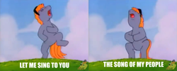 Size: 1616x656 | Tagged: safe, screencap, teddy, my little pony tales, shop talk, hill, image macro, meme, singing, song of my people