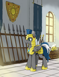 Size: 1042x1348 | Tagged: safe, artist:eriada, oc, oc:cloud zapper, armor, royal guard, solo, spear