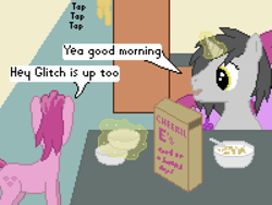 Size: 500x375 | Tagged: safe, artist:thejakevale, berry punch, berryshine, ruby pinch, oc, oc:clockwork gear, comic:clockworkfamily, cheerilees cereal, comic, pixel art