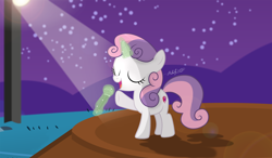 Size: 3324x1943 | Tagged: safe, artist:shutterflyeqd, sweetie belle, eyes closed, magic, microphone, night sky, open mouth, raised hoof, signature, singing, solo, spotlight, stage, stars, the cmc's cutie marks