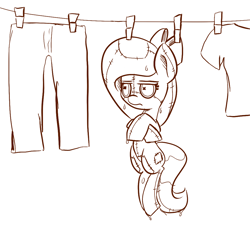 Size: 1024x921 | Tagged: safe, artist:artguydis, oc, oc only, oc:raggie, hagwarders, original species, /mlp/, clothes line, crossed hooves, doll, dripping, monochrome, wet