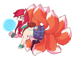 Size: 1040x834 | Tagged: safe, artist:kkitsu, ahri, backpack, blouse, clothes, crossover, fox-pony, kitsune, league of legends, magic, plaid, ponified, red hair, skirt, socks