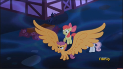 Size: 1968x1104 | Tagged: safe, screencap, apple bloom, scootaloo, sweetie belle, do princesses dream of magic sheep, alicorn wings, cutie mark crusaders, discovery family logo, dream, impossibly large wings, large wings, night