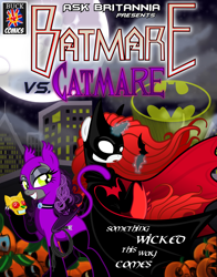 Size: 1280x1635 | Tagged: safe, artist:askbritanniamlp, artist:bethiebo, artist:hazelhooves, oc, oc only, oc:britannia, oc:svelte, bat pony, pony, batman, catwoman, clothes, costume, halloween, moon, night, nightmare night, parody, pumpkin