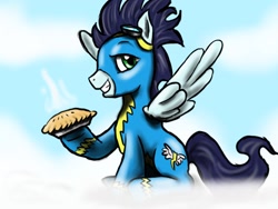 Size: 1024x768 | Tagged: safe, artist:silver-mane1, soarin', backwards cutie mark, goggles, hoof hold, pie, sitting, smirk, solo, that pony sure does love pies, wonderbolts uniform