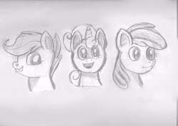 Size: 3504x2480 | Tagged: safe, artist:jbond, apple bloom, scootaloo, sweetie belle, bust, cutie mark crusaders, monochrome, portrait, traditional art