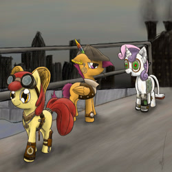 Size: 2480x2480 | Tagged: safe, artist:manearion, apple bloom, scootaloo, sweetie belle, sweetie bot, pegasus, pony, robot, robot pony, unicorn, city, clothes, cutie mark crusaders, feather, female, feminism, filly, floppy ears, foal, glasses, goggles, hat, hooves, horn, open mouth, smiling, species swap, steampunk, waistcoat, wings