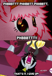 Size: 499x724 | Tagged: safe, edit, edited screencap, screencap, lord tirek, oc, oc:fluffle puff, centaur, pony, bracer, cute, dialogue, everyone steals tirek's meme, flufflebetes, meme, nose piercing, nose ring, open mouth, piercing, rage quit, scorpan's necklace