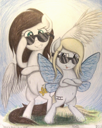 Size: 1072x1350 | Tagged: safe, artist:thefriendlyelephant, oc, oc only, oc:blue, oc:coconut cake, pegasus, pony, belly button, bipedal, butterfly pony, butterfly wings, duo, grass, smiling, sunglasses, tongue out, traditional art, wings