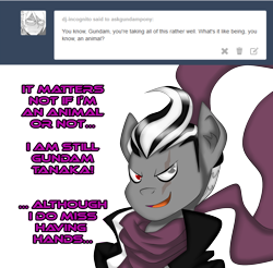 Size: 1696x1672 | Tagged: safe, artist:fourze-pony, pony, ask, clothes, crossover, danganronpa, danganronpa 2, gundham tanaka, male, ponified, scarf, solo, stallion, tumblr, tumblr comic, video game