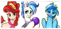 Size: 811x383 | Tagged: safe, artist:retrostarling, allie way, cherry jubilee, minuette, brushing teeth, toothbrush, traditional art