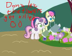 Size: 490x385 | Tagged: safe, bon bon, sweetie belle, sweetie bot, sweetie drops, earth pony, pony, robot, robot pony, unicorn, advice, blank flank, female, filly, flower, foal, hooves, horn, mare, teeth, watering can