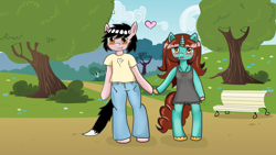 Size: 1024x576 | Tagged: safe, artist:moekonya, oc, oc only, oc:fox, oc:tiny tales, anthro, anthro oc, blushing, clothes, dress, frilly dress, heart, in love, love, romance, shipping, tailes