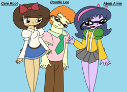 Size: 2338x1700 | Tagged: safe, artist:t-mack56, microchips, scribble dee, wiz kid, equestria girls, atom anne, background human, care root, doodle lee, equestria guys, female, male, rule 63, simple background, techies