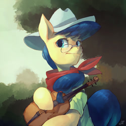 Size: 1024x1024 | Tagged: safe, artist:chung-sae, fiddlesticks, apple family member, bandana, clothes, cowboy hat, fiddle, glasses, hat, musical instrument, shirt, solo