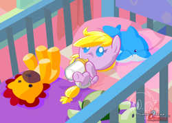 Size: 980x700 | Tagged: safe, artist:great9star, oc, oc only, oc:amethyst reverie, dolphin, pegasus, pony, baby, baby pony, crib, cute, diaper, foal, milk, suckling, toy