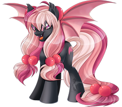 Size: 1200x1051 | Tagged: safe, artist:blackfreya, oc, oc only, oc:strawberry devilcake, bat pony, pony, fangs, simple background, solo, transparent background