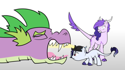 Size: 6885x3865 | Tagged: safe, artist:bronyofgalifrey9, spike, oc, oc:crystal clarity, oc:identity, dracony, dragon, hybrid, adult, adult spike, gradient background, grandpa and granddaughter, helmet, interspecies offspring, kilalaverse, mining helmet, offspring, offspring's offspring, older, older spike, parent:oc:crystal clarity, parent:oc:prince illusion, parent:rarity, parent:spike, parents:oc x oc, parents:sparity, snoring