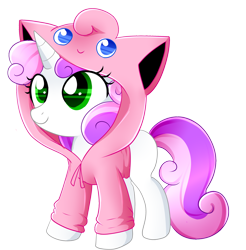 Size: 2943x2988 | Tagged: safe, artist:scarlet-spectrum, sweetie belle, jigglypuff, clothes, crossover, cute, diasweetes, hoodie, pokémon, simple background, solo, transparent background