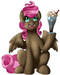 Size: 1221x1525 | Tagged: safe, artist:baffleddingo, oc, oc only, oc:sweet treat, pegasus, pony, commission, cute, happy, hoof hold, looking up, milkshake, open mouth, simple background, smiling, solo, transparent background