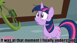 Size: 960x540 | Tagged: safe, edit, edited screencap, screencap, twilight sparkle, swarm of the century, image macro, meme, realization, solo, sudden realization