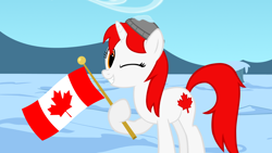 Size: 1118x629 | Tagged: safe, artist:bootsyslickmane, oc, oc only, oc:canadance, canada, flag, nation ponies, snow, wink