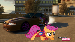 Size: 1024x576 | Tagged: safe, artist:equestianracer, scootaloo, pony, car, city, ford, ford mustang, forza horizon, itasha, mustang, solo