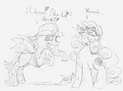 Size: 1043x766 | Tagged: safe, artist:perrydotto, oc, oc only, oc:berzie, oc:miss libussa, changeling, awkward, bad pickup line, czequestria, drunk, hard hat, hat