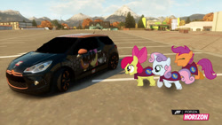 Size: 1280x720 | Tagged: safe, artist:equestianracer, apple bloom, scootaloo, sweetie belle, pony, car, citroën, citroën ds3, cutie mark crusaders, forza, forza horizon, group, itasha, parking lot, trio