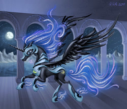 Size: 1621x1385 | Tagged: safe, artist:environmental-hazard, nightmare moon, moon, night, running, solo