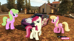 Size: 1280x720 | Tagged: safe, artist:equestianracer, daisy, flower wishes, lily, lily valley, roseluck, pony, car, forza horizon, group, itasha, mazda, mazda rx8, trio