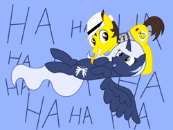 Size: 4608x3456 | Tagged: safe, artist:adkead80, oc, oc only, oc:adam, oc:holly, alicorn, earth pony, pony, alicorn oc, blue background, clothes, estories, feather, fedora, hat, laughing, open mouth, simple background, smiling, spread wings, this will end in tears, tickling